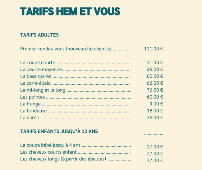 TARIFS COIFFURE HEM ET VOUS